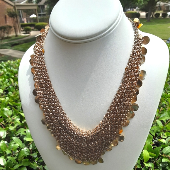 VTG YELLOW ENAMEL DISC ON GOLD TONE MESH CHAIN LINK BIB NECKLACE 19" - Picture 3 of 7